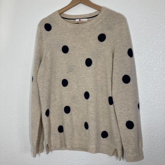 Boden Sweater Womens Large Beige Navy Polka Dot Cashmere Crewneck Knit Pullover - Picture 2 of 16